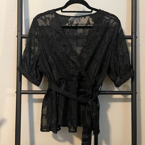 SHEIN Lace Floral Pattern Sheer Peplum Blouse with Belt - sz L